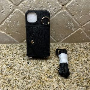 iPhone 13 regular size black wallet phone case with lanyard. Brand new!